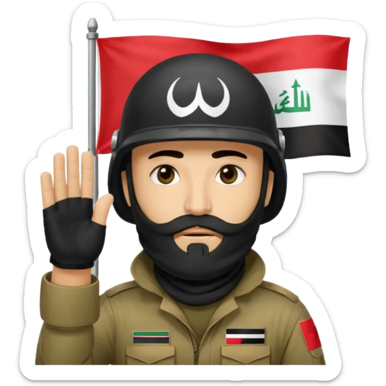 surrenders, depicts an Iraqi soldier from 1980, with a beard, in a helmet, a helmet with sign flag Iraq, with a balaclava, with sad eyes and both hands raised up sticker
