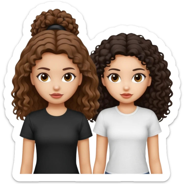 2 pretty bratz fair girls. One has straight brown hair and is tan, wearing a white tshirt. One is fair with curly black hair, wearing a black tshirt  sticker