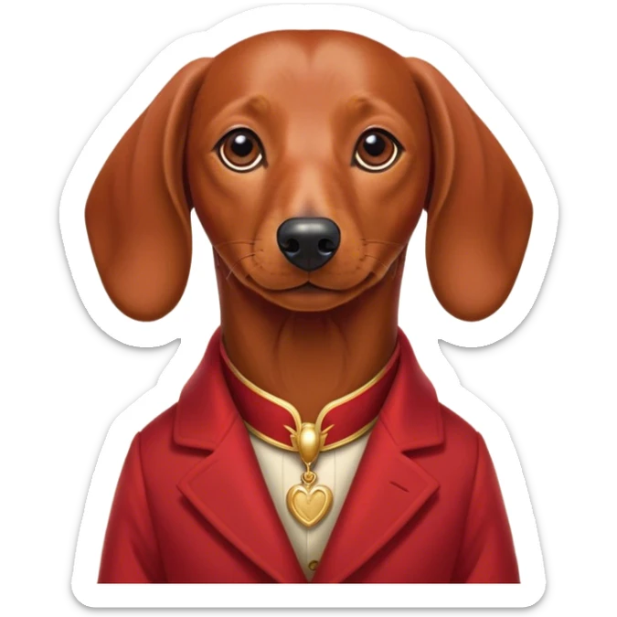 Cinematic Noble Red Dachshund Portrait Emoji, Poised and regal, with a long, low-slung build and a smooth, well-groomed red coat, deep-set soulful brown eyes, Simplified yet sharp and sophisticated features, highly detailed, glowing with a soft, dignified glow, high shine, intelligent and determined, stylized with an air of charm, focused and attentive, soft glowing outline, capturing the essence of a watchful and confident companion, so majestic it feels as though it could slide out of the screen with effortless authority! sticker
