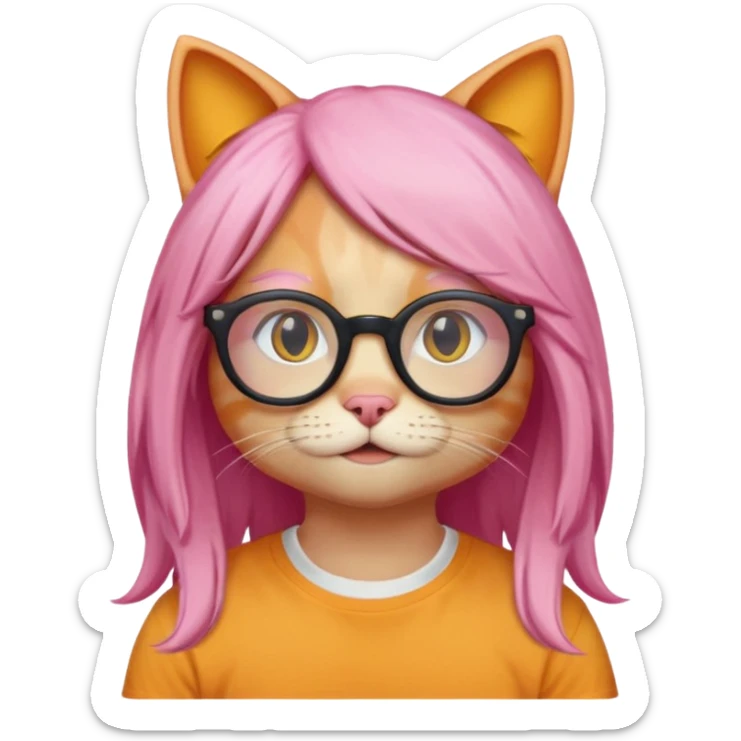 Orange Yellow cat wearing a long pink hair wig, black circle glasses, white T-shirt sticker