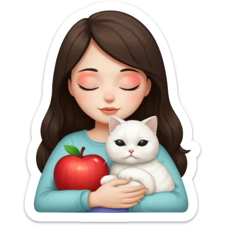 brunette girl cuddling a white Persian cat in her arms, both with closed eyes, apple emoji style sticker
