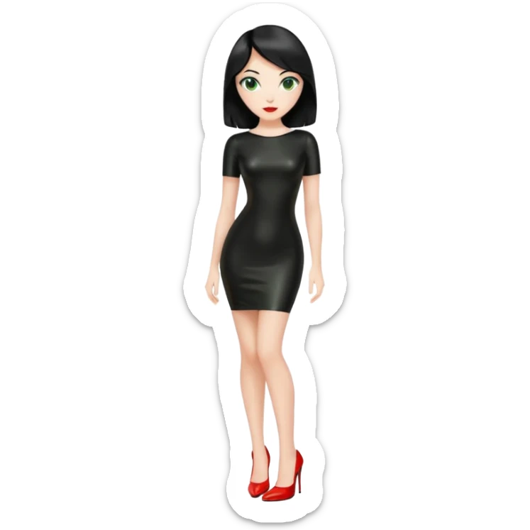🕵🏻‍♀️💦🧥 black hair , green eyes , full body , red high heels , black latex dress , sticker