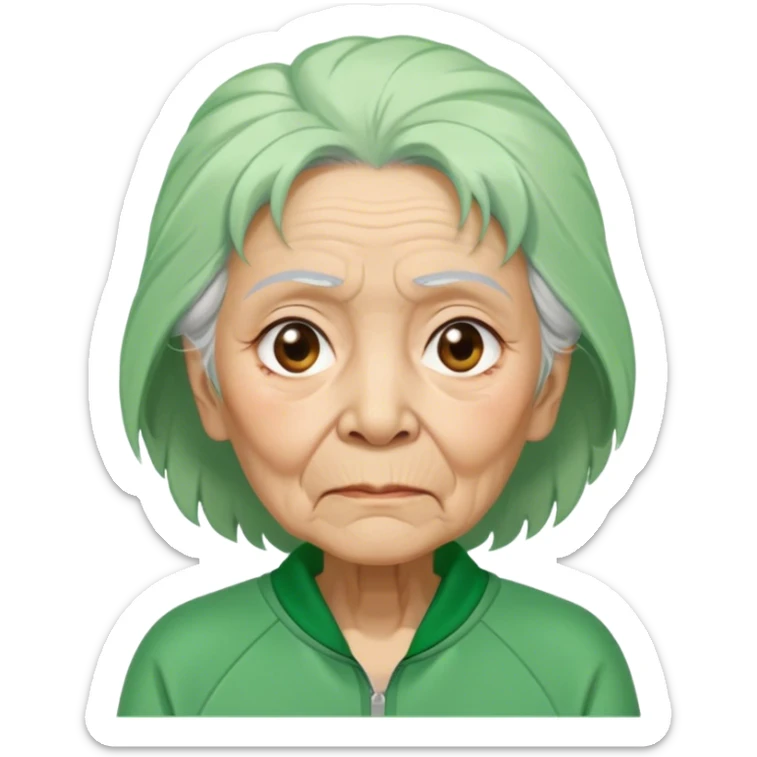 Hong is an old woman, around 60 years old, green tracksuit. She is unkempt and damp with sweat.  Her white hair tie. sticker