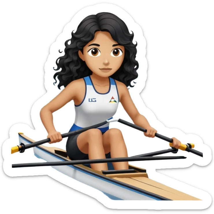 girl with long black wavy hair rowing in Olympic rowing sport, distant view sticker