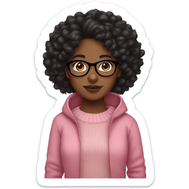Black girl,curly black hair,glasses,brown eyes,pink sweater sticker