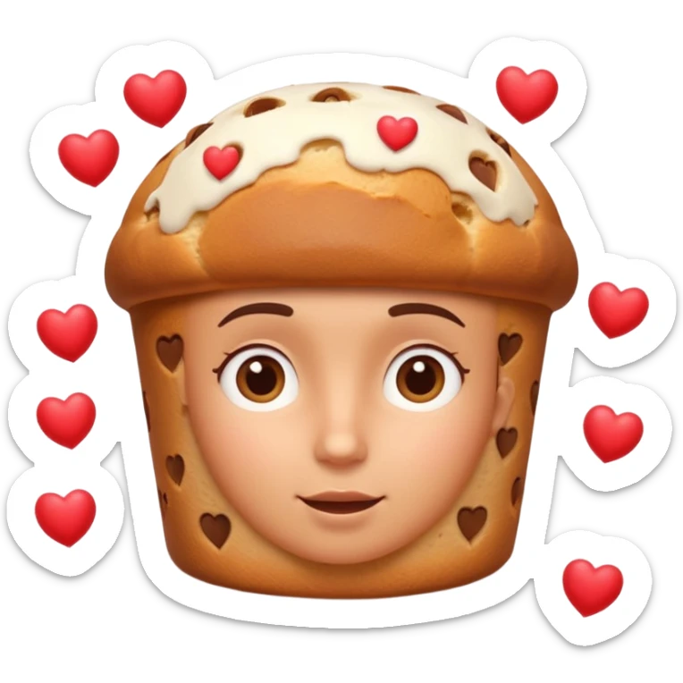 Apple-style emoji illustration of a person with dreamy eyes thinking of a traditional panettone, small hearts floating around, soft 3D emoji style, smooth gradients, rounded shapes, warm festive colors, simple expression, centered composition, transparent background, no text. sticker