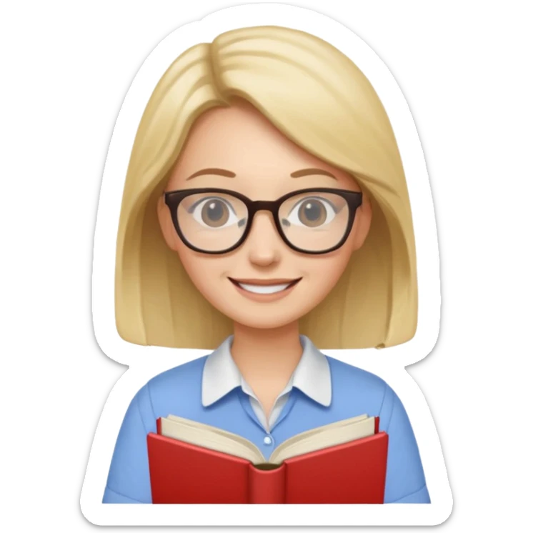 female English teacher with glasses and wearing a shirt, holding an English book sticker