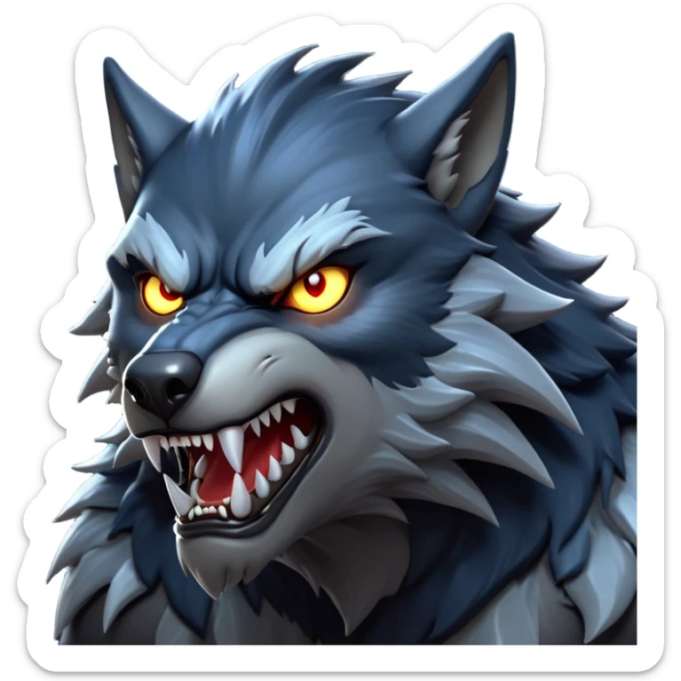 cinematic-noble-fierce-werewolf-head-close-up-emoji, poised-and-imposing, with a fierce wolfish face featuring glowing eyes full of primal ferocity, sharp, elongated fangs and a rugged snout, fur rippling in shades of midnight black and silver, muscles tensed and hunched over in an intense, threatening stance; rendered with realism, capturing the raw, untamed power of the beast beneath the moonlit sky sticker