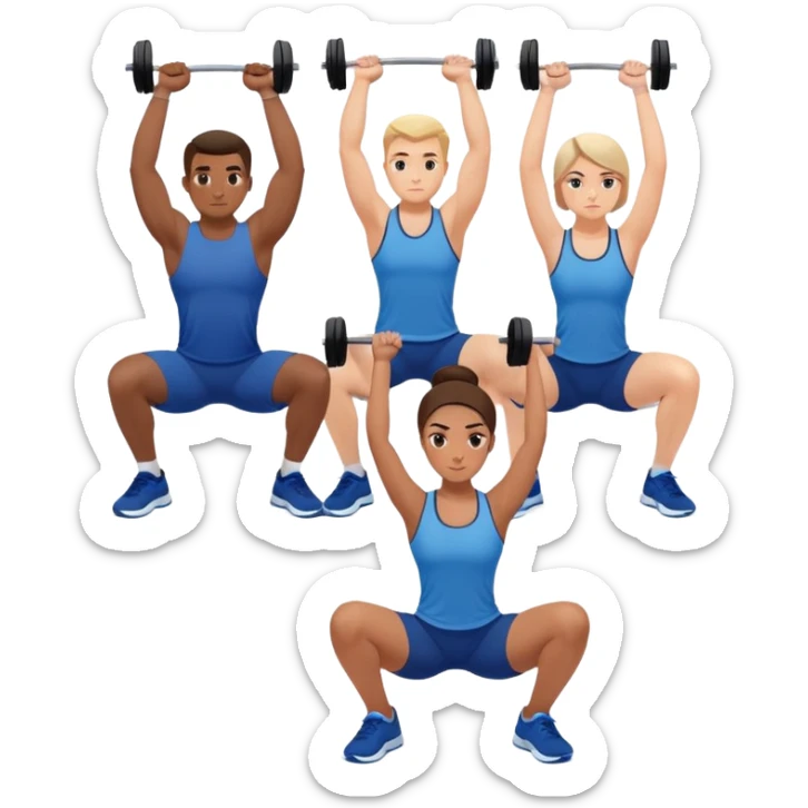 Group at gym, trainers in blue shirts, others in varied gymwear, lifting weights and stretching – strong and focused vibe sticker