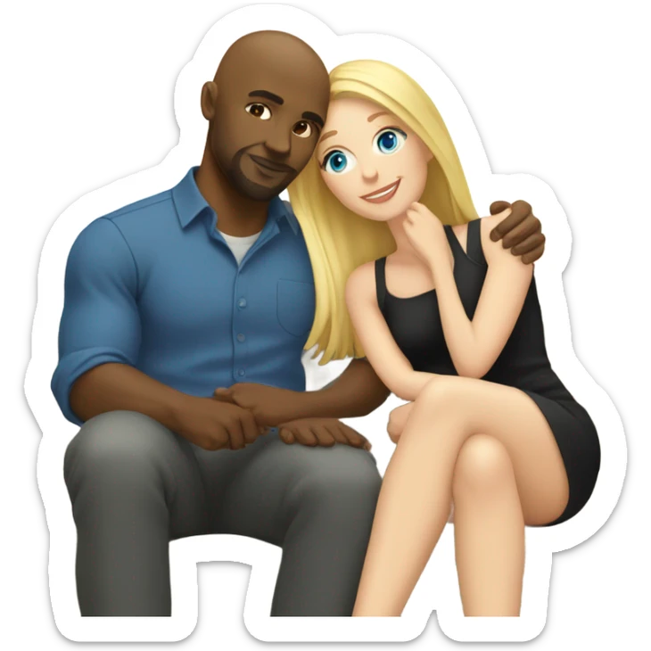 Blonde woman with blue eyes and long straight hair and black man who is bald with a goatee seated together on a sofa enjoying a passionate embrace.   sticker