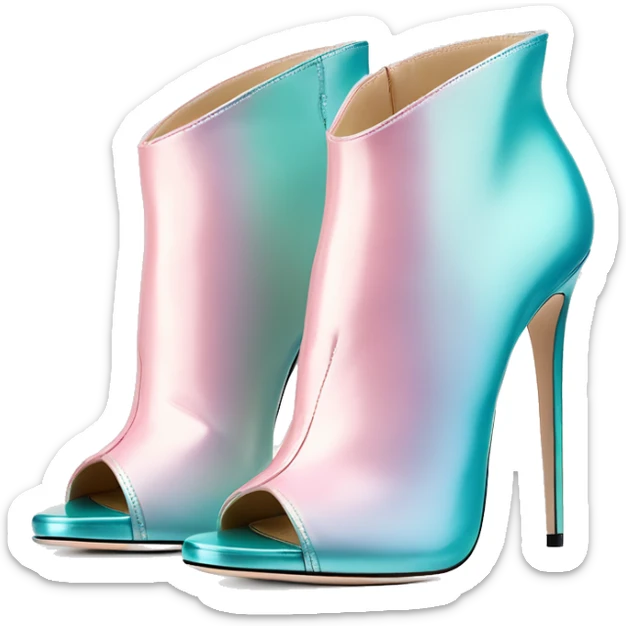 Realistic isolated top front view of a pair of metalliic tiffany blue to pastel pink ombre Jimmy Choo peep toe stiletto ankle booties. sticker