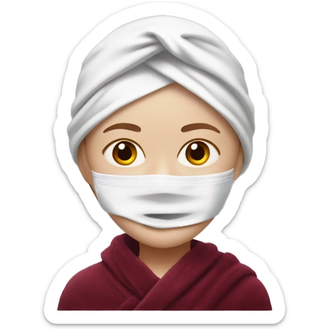 realistic white-skinned girl with a burgundy towel on her head and a white mask on her face sticker