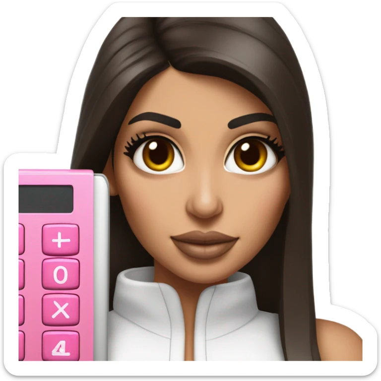 Hyper realistic kim kardashian with straight brown hair holding a pink calculator sticker