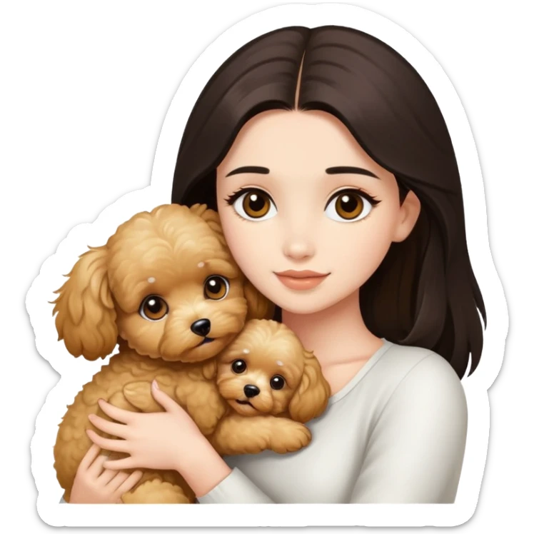 beautiful woman with dark long straight hair and brown eyes hugs a golden maltipoo sticker