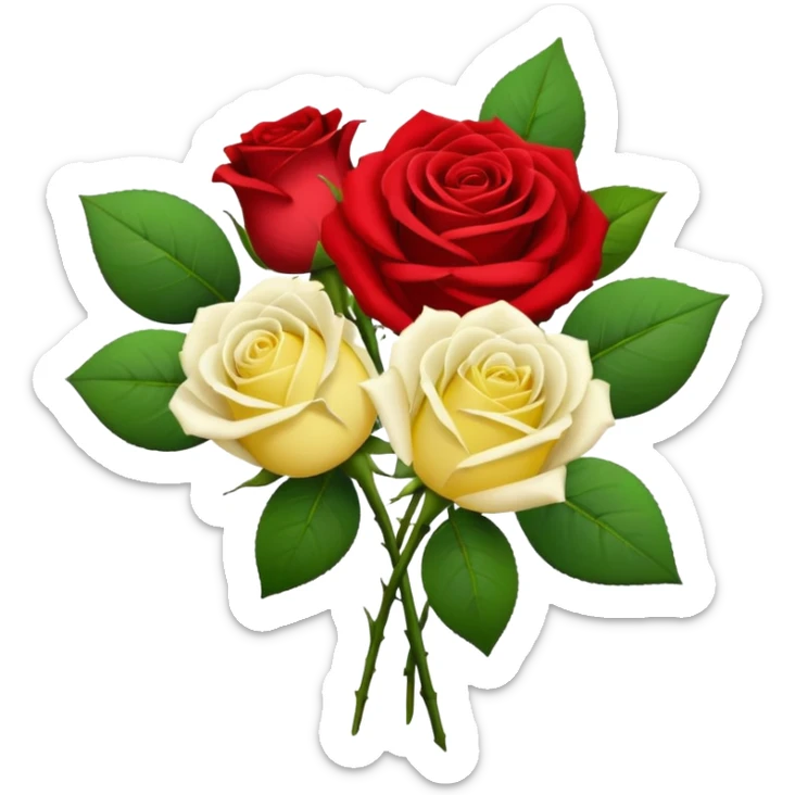 One red flower and one white flower and one small yellow rose below them in bouquet  sticker