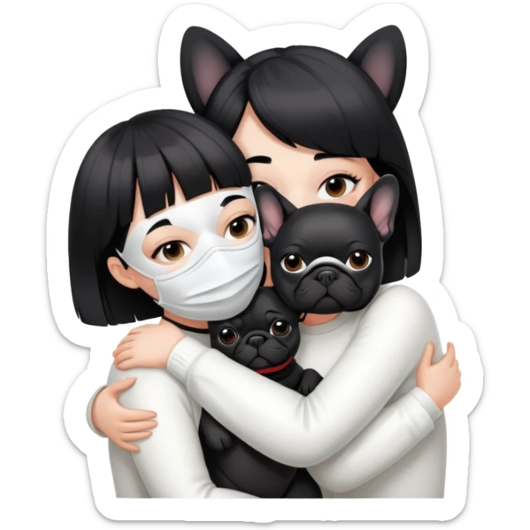girl with short black straight bangs hair wearing a white mask and hugging one black French bulldoge  sticker