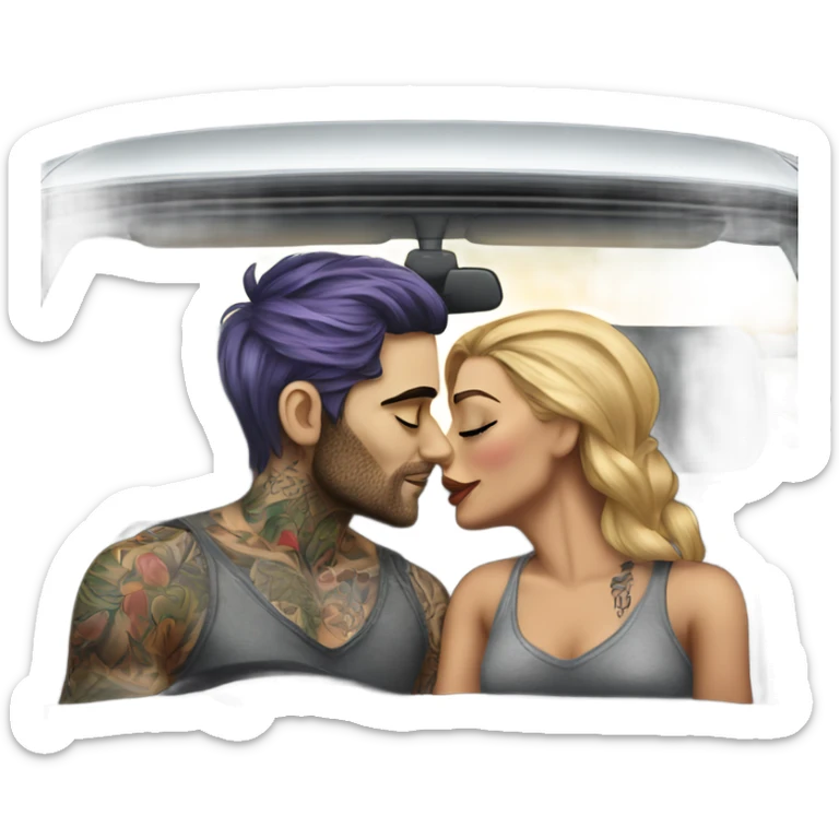 Hyper Realistic gorgeous woman and handsome tattooed man kissing in the front seat of a car sticker