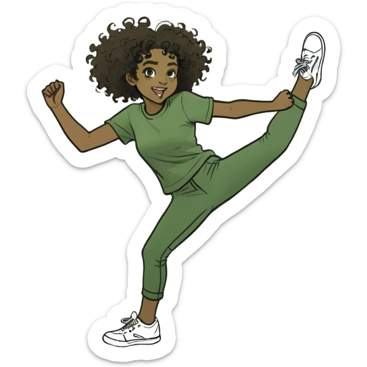 a smiling black girl with curly hair and brown eyes, kicking her feet sticker