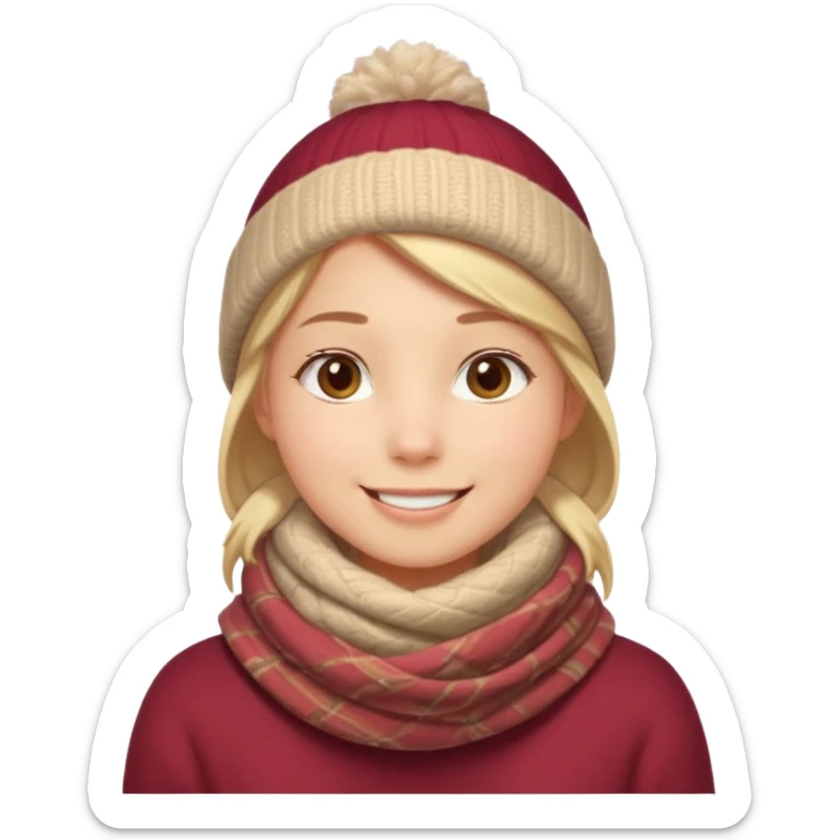 Fantasy human portrait emoji, warm winter scarf around neck, cozy holiday mood, slightly rosy cheeks, simple clean design, no hat, readable emoji style, male/female variant
 sticker