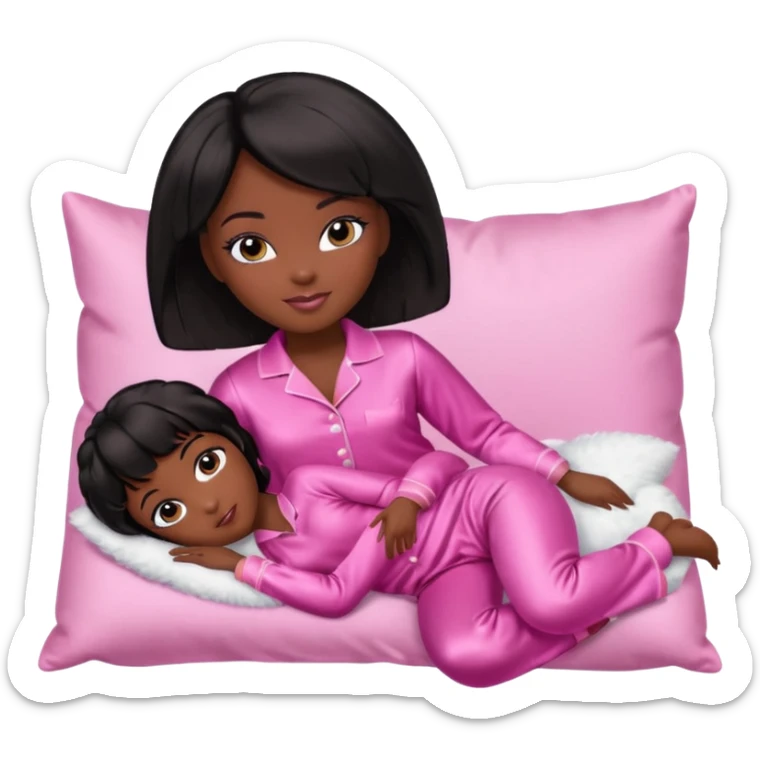 Dark skin Black barbie, short  black bob  hair, pink pajamas laying on pillow  sticker
