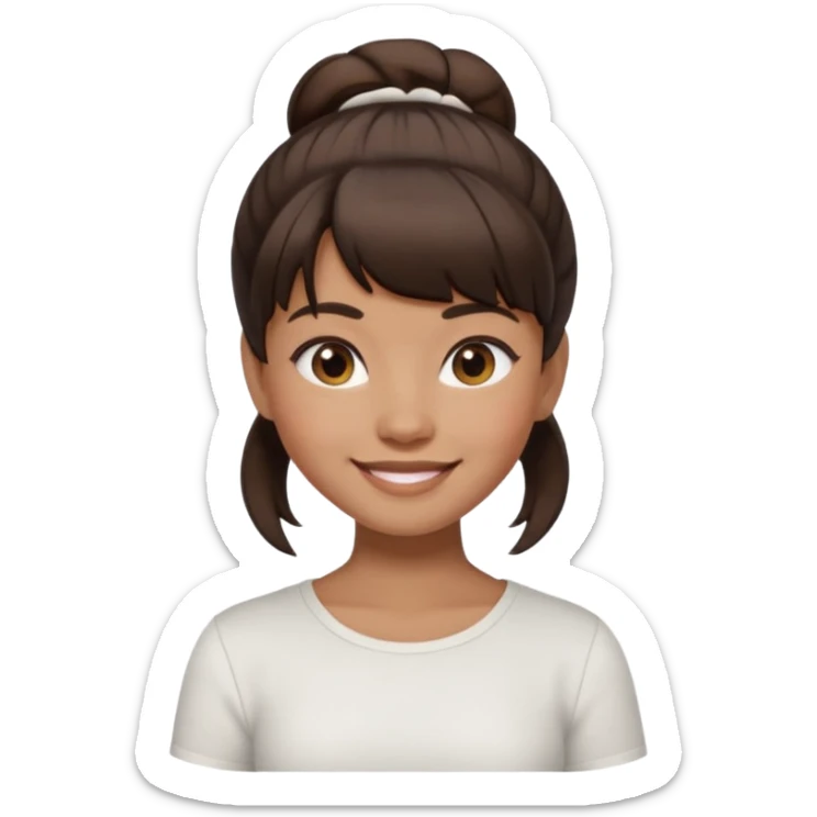 In Apple Memoji format, a girl with dark brown hair. She has bangs and her hair is in a singular high bun. The girl is arab and has light brown skin. She is wearing a white shirt sticker