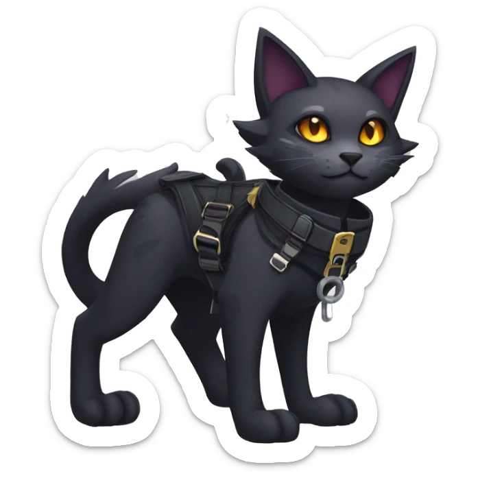 cool edgy fantasy dark-shadow-themed animal vampiric cat hybrid Fakemon  with a harness and collar full body sticker