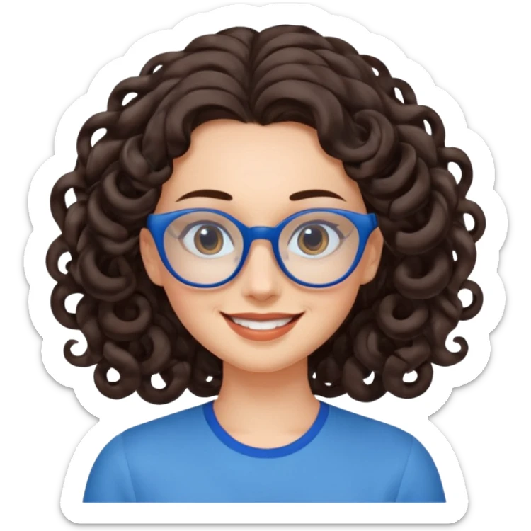 woman with large forehead, long dark brown spiral curled hair, blue glasses, smiling with head tilted sticker