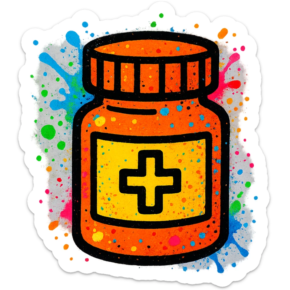 graffiti style emoji of a medicine bottle with colorful spray paint and bold outlines sticker