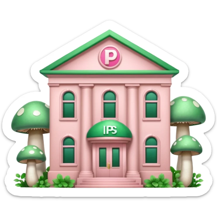 Pale Pink and green cute bank building, mushrooms growing around it , clean aesthetic, two PP letters on it sticker