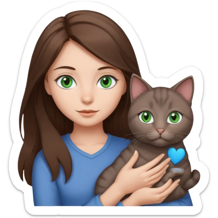 a girl with loose brown hair and blue eyes, holding a gray cat with green eyes sticker