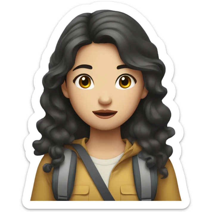 Vietnamese girl with curly long hair carrying luggage with a confused look sticker