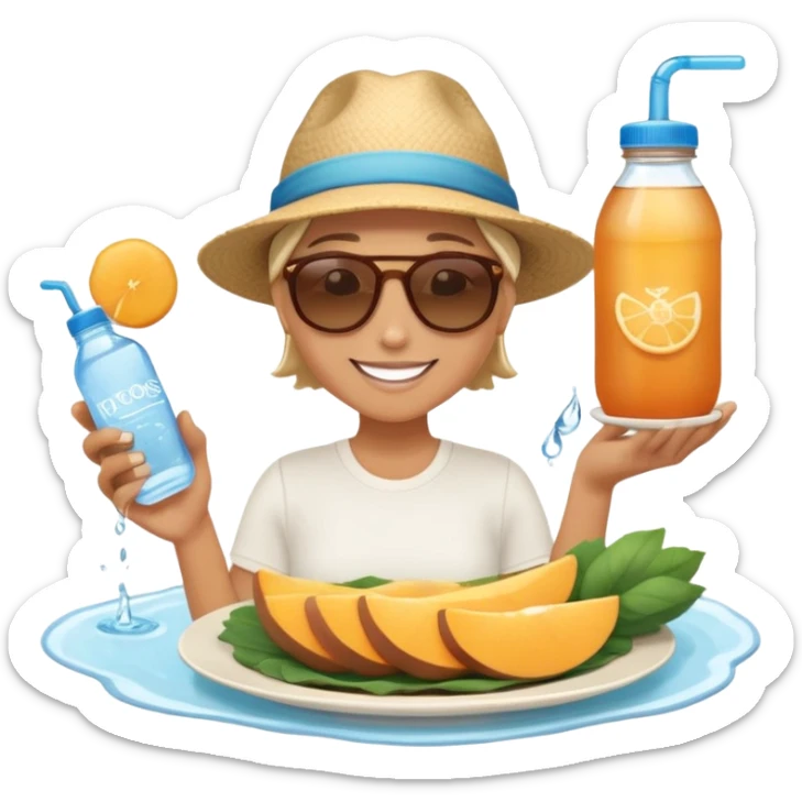 A person in the sun, with a plate of whole foods, water bottle, and glowing bed behind them. Nearby, smiling friends gather—symbolizing balance, healing, and connection through simple daily rituals. sticker