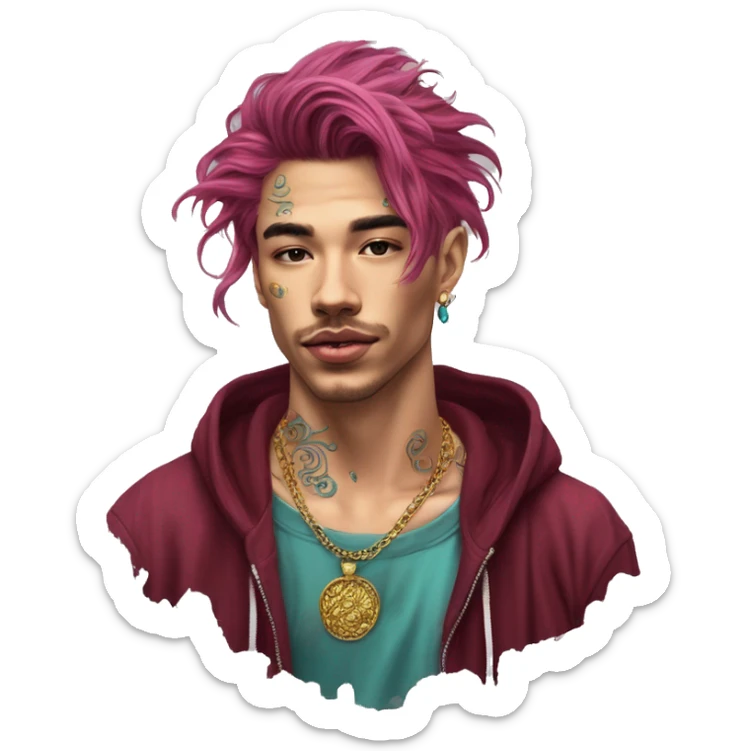 Vintage grunge patina intricate swirls gold jewellery baroque golden sparkle tropical Deep pink maroon burgundy cyan dark hoodie man dyed hair gold piercings nose piercing ear piercings sticker