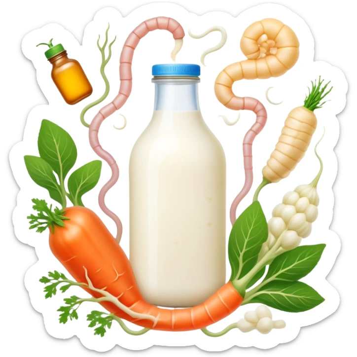 Probiotic foods (yogurt, kefir, kombucha bottle, miso, kimchi, sauerkraut) surrounding a glowing intestinal system. Tiny beneficial bacteria represented as golden particles flow between the foods and the intestine, creating a garden-like ecosystem of inner harmony and health. sticker