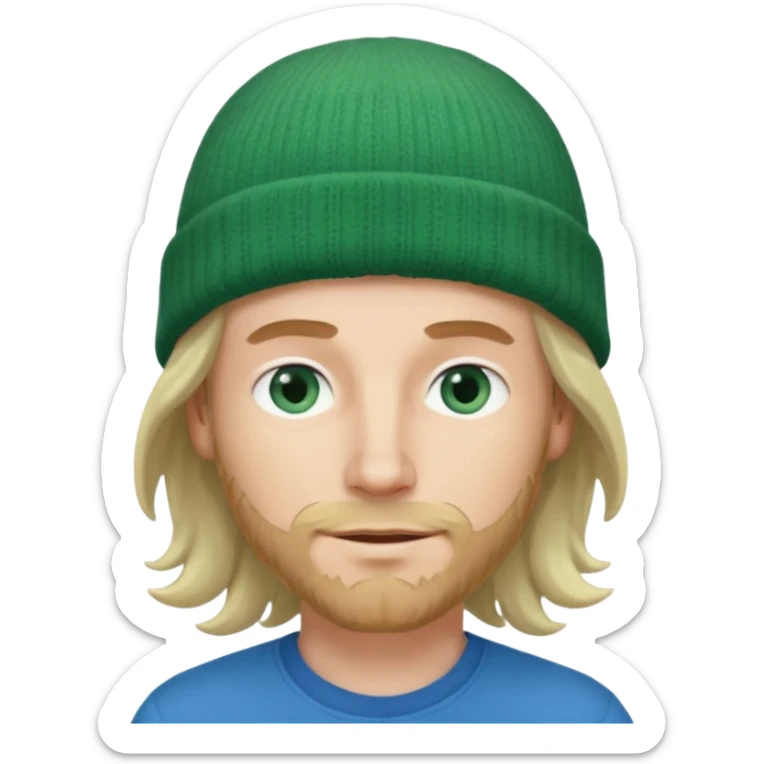 white man, mid thirties, blue eyes, mid length wavy hair, green beanie hat sticker