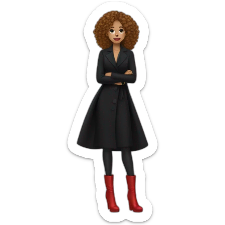 a woman with a long black dress, red boots, black coat, red bag, gold jewelry, curly hair, blue eyes sticker