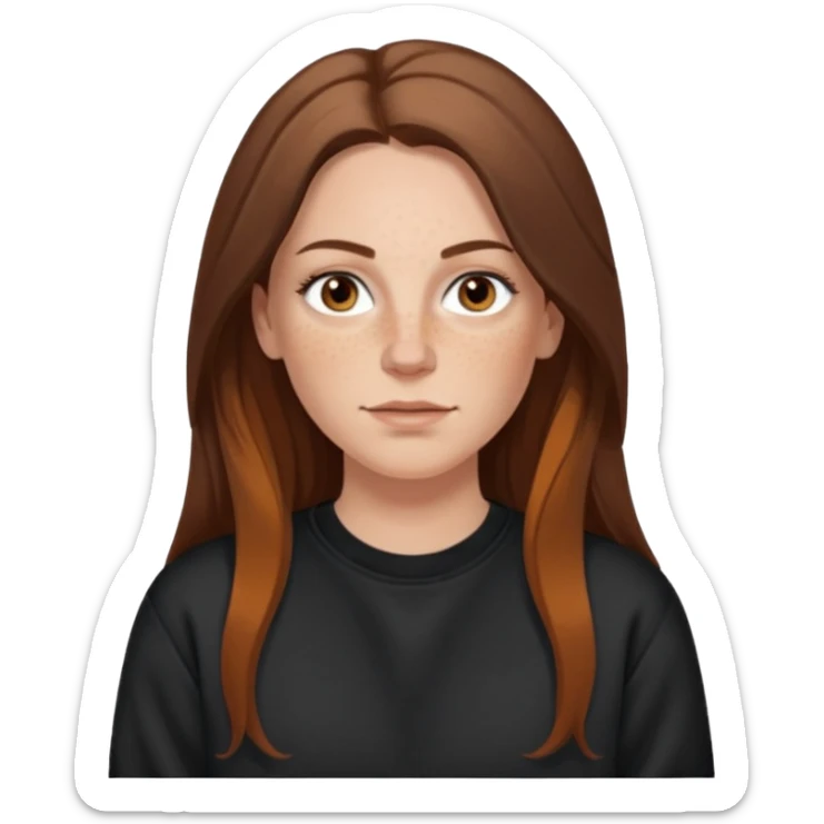 A 38 year old white woman with long brunette hair parted in the middle. She has a nose ring. She has brown eyes. She has freckles and is wearing a black sweatshirt sticker