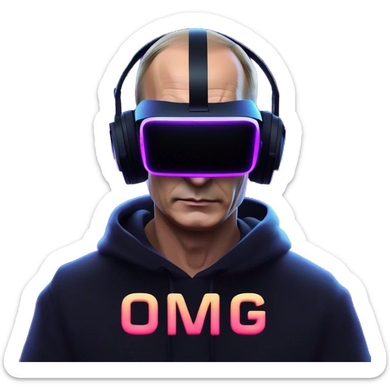 Vladimir Putin wearing a black hoodie with "OMG" letters on it and VR headset oculus quest 2 in a cyberpunk VR environment with violet neon lighting. sticker