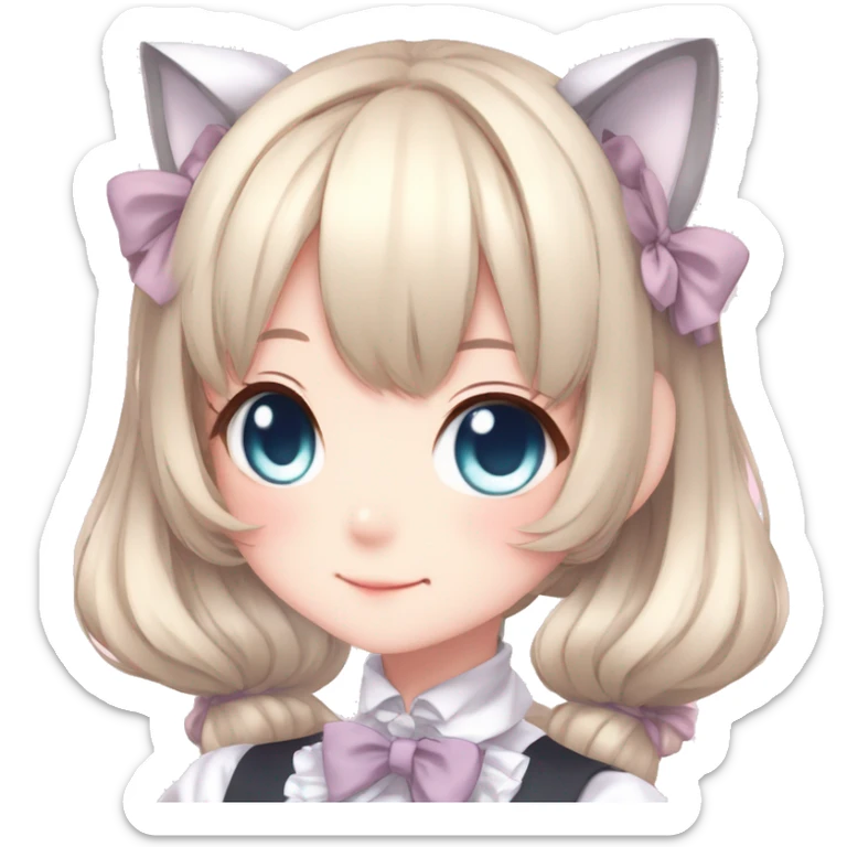Gorgeous anime style catgirl with blushing face with maid outfit bow tie idol model kawaiicore pearly petite simplistic aesthetic trending style sticker