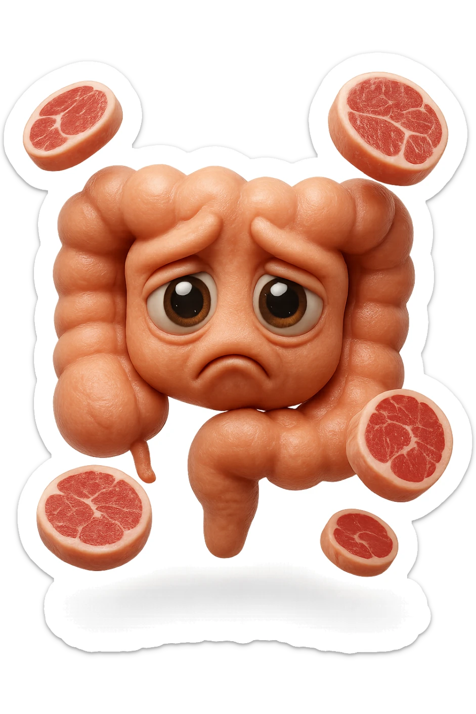 emoji stile iphone in 3d di un intestino triste con fette di carne che gli fluttuano intorno, gli occhi falli con la parte bianca pure, iperrealistico 4k sticker