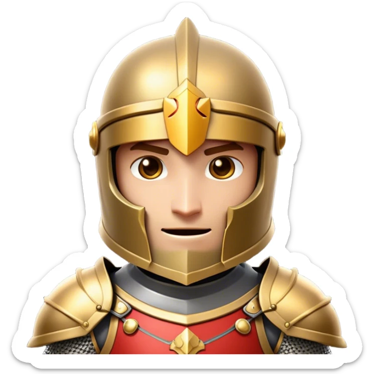 Clash of Clans style friendly Knight Portrait Emoji, With simple armored build featuring a gleaming suit adorned with simple heraldry and a covered fave behind a visored helm, his face rendered in a natural skin tone (not yellow), Simplified yet dynamic features, highly detailed, glowing with a cool, steely radiance, high shine, courageous and resolute, stylized with an air of chivalric valor, focused and stalwart, soft glowing outline, capturing the essence of a valiant knight ready to charge into epic quests with honor! sticker
