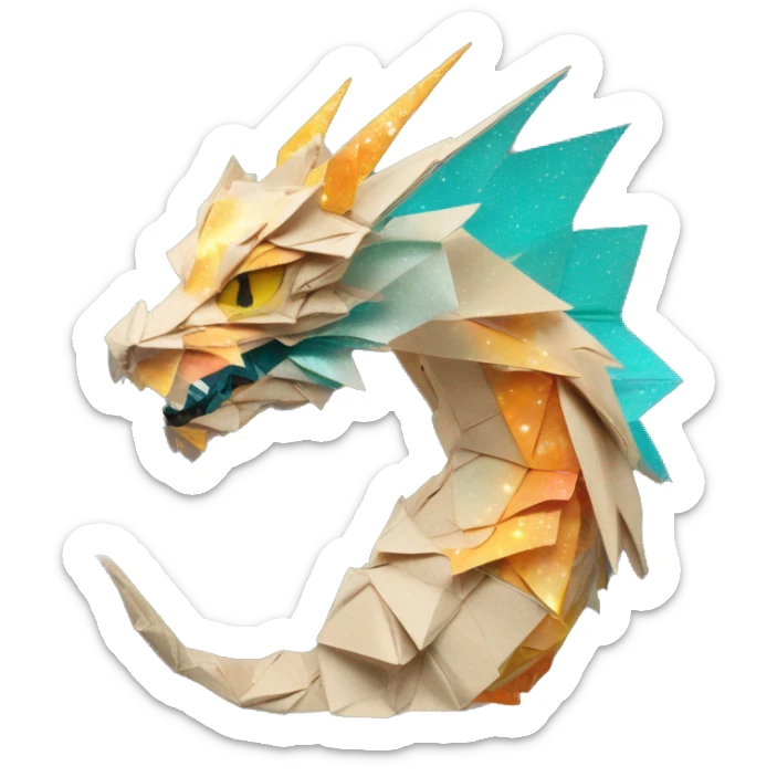 Sparkling patterned Beige Origami dragon with a dried flower crown made of newspapers intricate patterns surrounded by fairy lights nebula galaxy stars swirls iridescent orange cyan yellow sticker