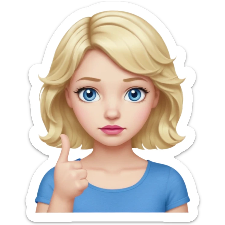 Girl Blonde short wavy hair,  blue eyes, cute blue top, long lashes, pink lips, thumbs down  sticker