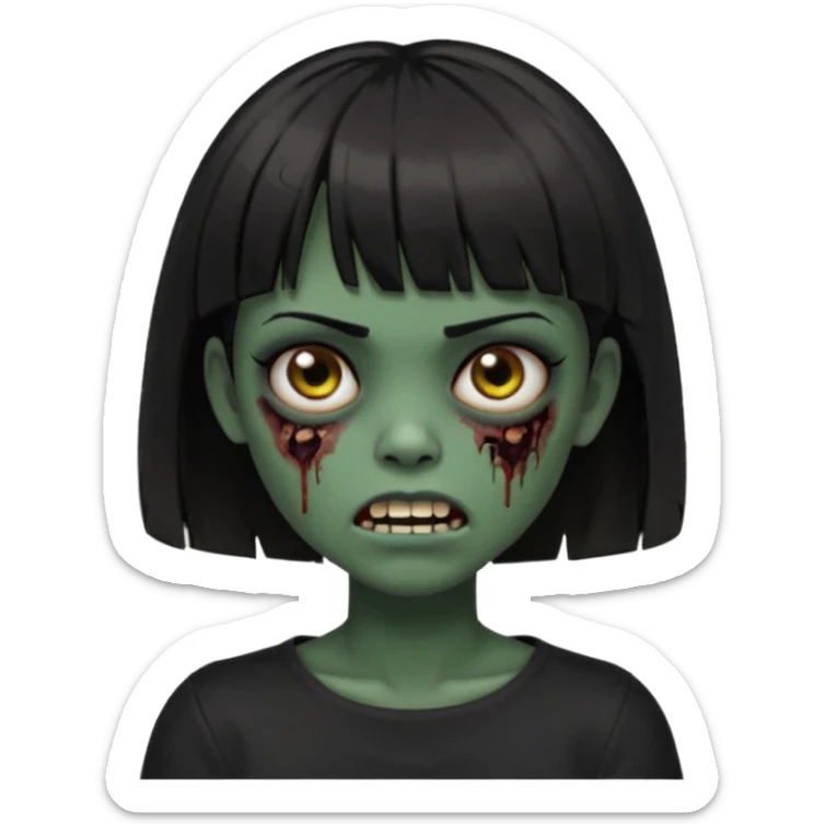 Zombie girl emoji verde escuro com cabelo curto liso preto no ombro e franja na altura da sobrancelha cobrindo completamente a testa, usando uma blusa preta, com olhos castanhos escuros sticker