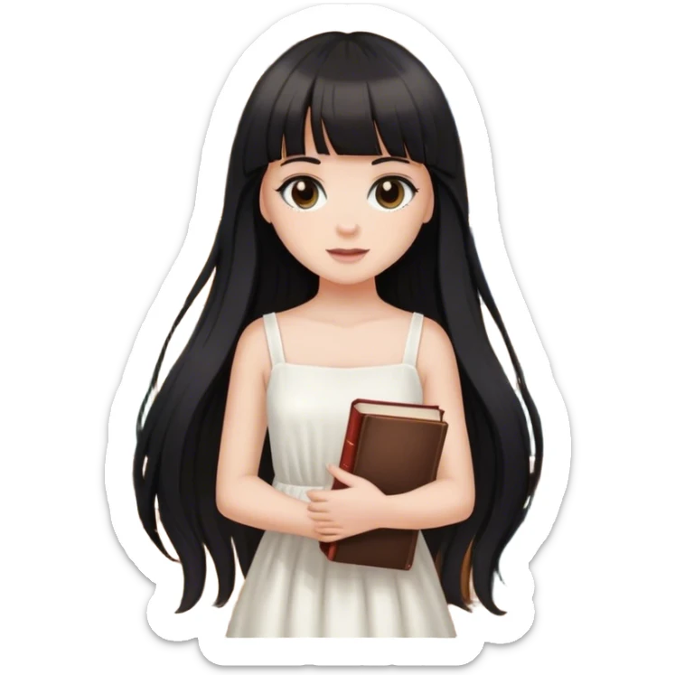 Beautiful white girl, with dark very long hair with bang, wearing white dress, holding 5 books sticker