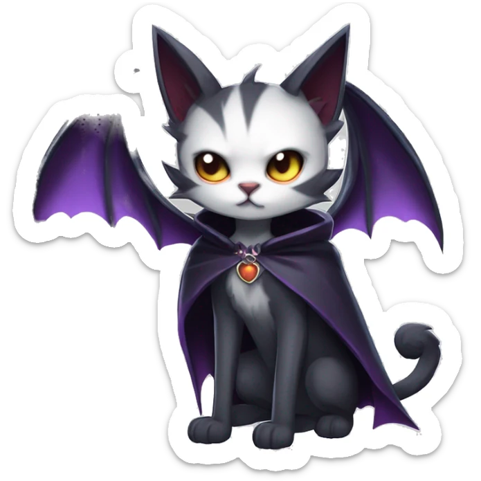   cool edgy beautiful anime-style ethereal dark-punk-themed animal vampiric cat-hybrid Fakemon with big fangs and bat-wing-ears with a cape full body sticker