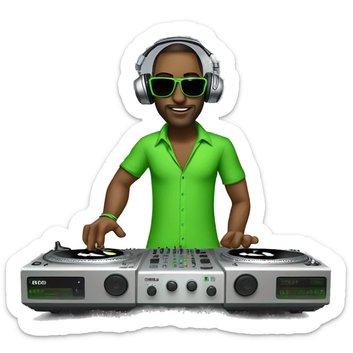 tall dj man with long luscious hair, shades, headphones and an electric green shirt on that says “365”, on a mixer turntable sticker