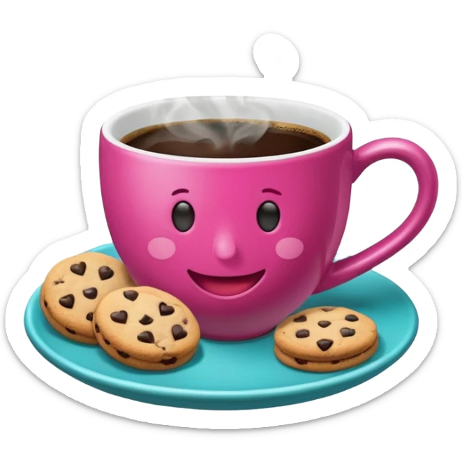 cup of coffee, steaming, the smoke should come out in the shape of a heart, the color of the cup is fuchsia, the cup has a happy face printed on it, the cup rests on a turquoise blue plate, and there are cookies and sugar cubes around the cup. sticker