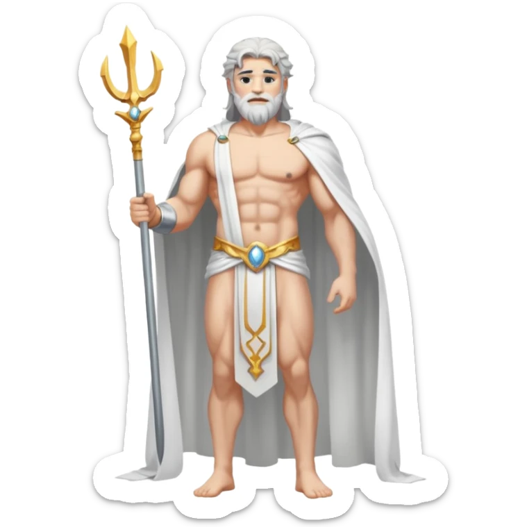 fullbody silverhair shirtless god ZEUS, white robe over shoulder, standing still sticker