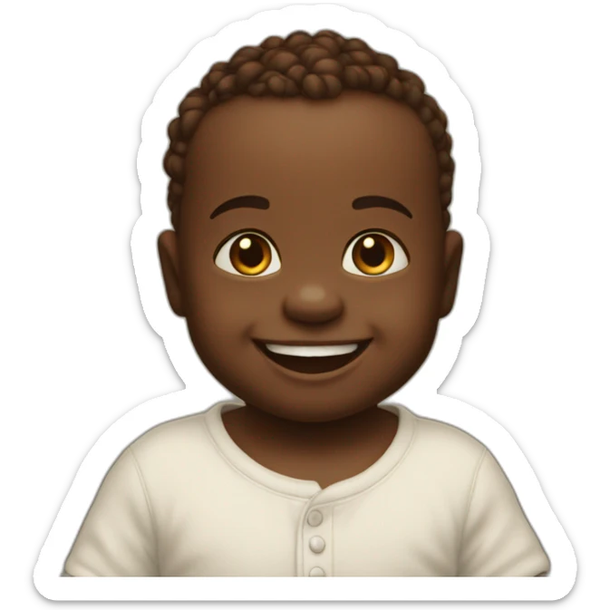 The baby smiles in front of the photographer sticker